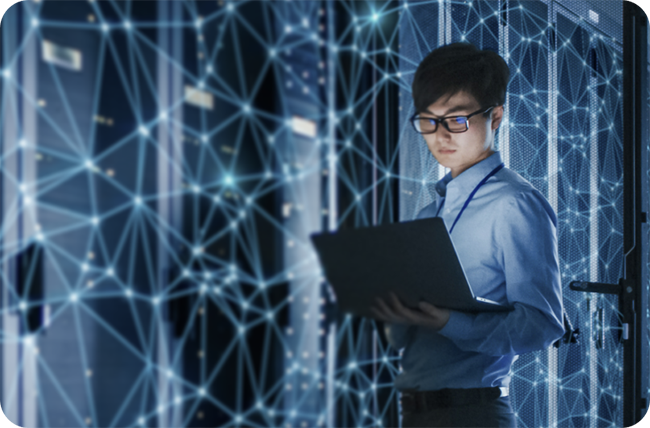 Image showing a networking technician against the backdrop of interconnected networks to depict safe enterprise ai